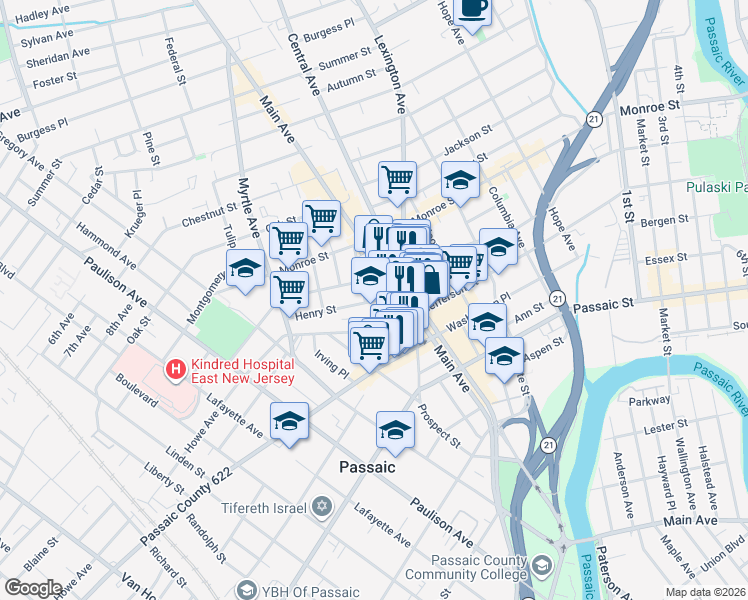 map of restaurants, bars, coffee shops, grocery stores, and more near 49 Garden Street in Passaic