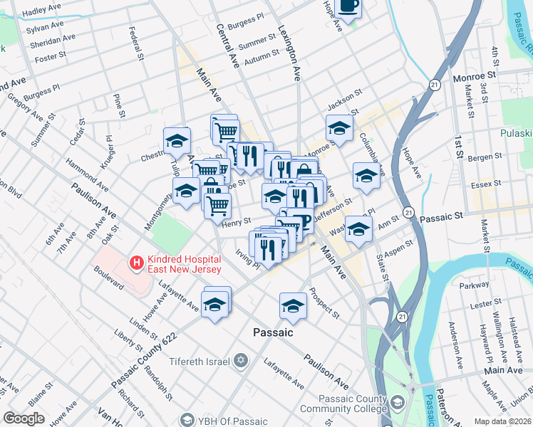 map of restaurants, bars, coffee shops, grocery stores, and more near 53 Henry Street in Passaic