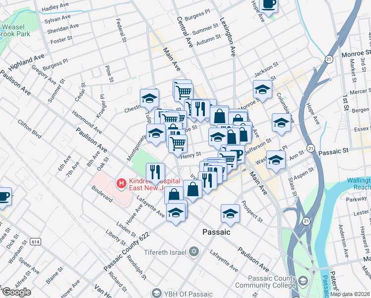 map of restaurants, bars, coffee shops, grocery stores, and more near 87 Henry Street in Passaic