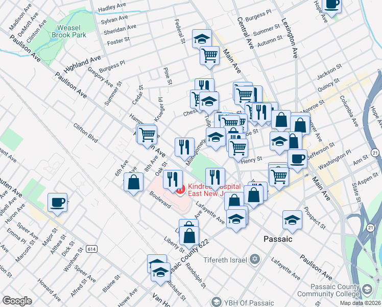 map of restaurants, bars, coffee shops, grocery stores, and more near 342 Montgomery Street in Passaic