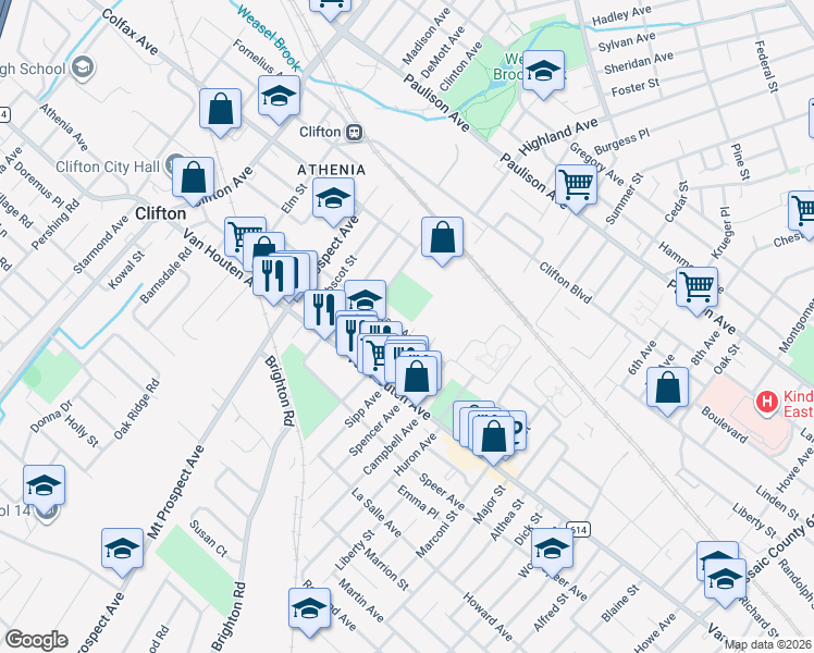 map of restaurants, bars, coffee shops, grocery stores, and more near 25 Sargeant Avenue in Clifton