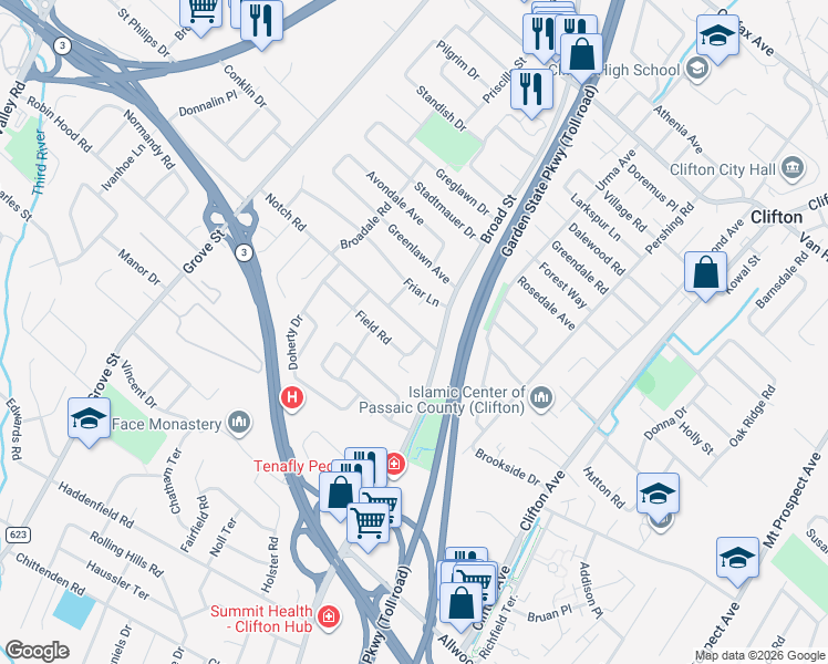map of restaurants, bars, coffee shops, grocery stores, and more near 7 Field Road in Clifton