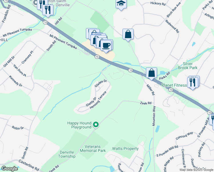 map of restaurants, bars, coffee shops, grocery stores, and more near 11 Henning Terrace in Denville
