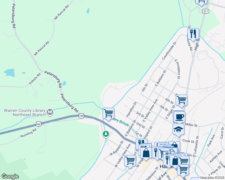 map of restaurants, bars, coffee shops, grocery stores, and more near 12-20 U.S. 46 in Hackettstown