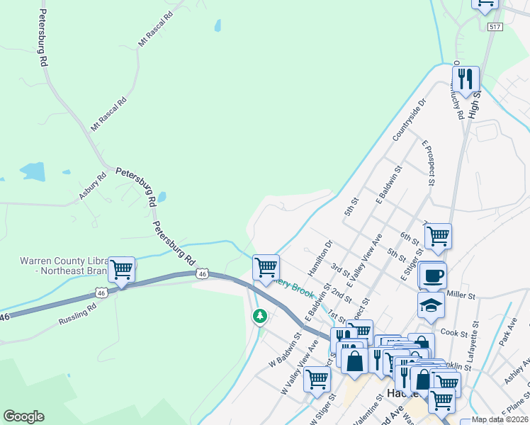 map of restaurants, bars, coffee shops, grocery stores, and more near 12-20 U.S. 46 in Hackettstown