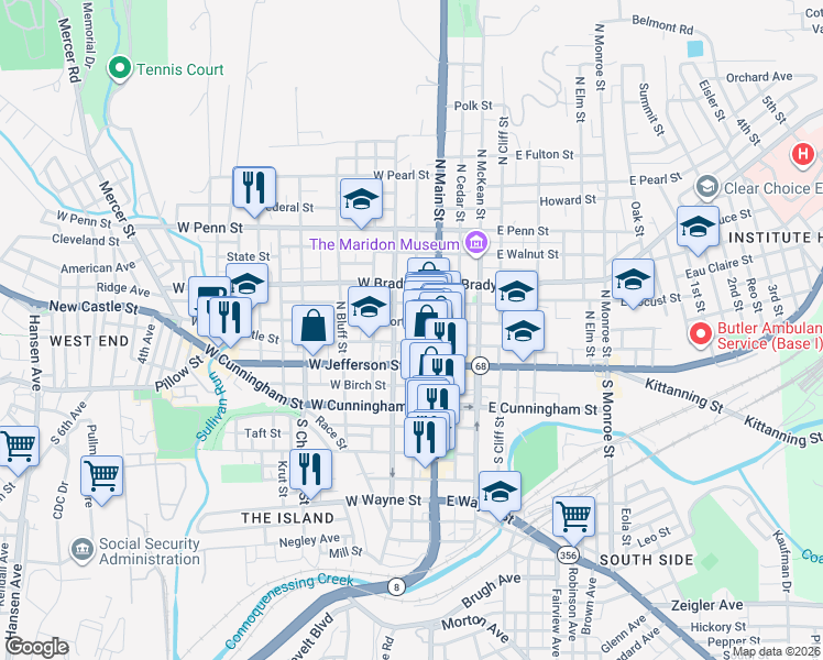 map of restaurants, bars, coffee shops, grocery stores, and more near in Butler