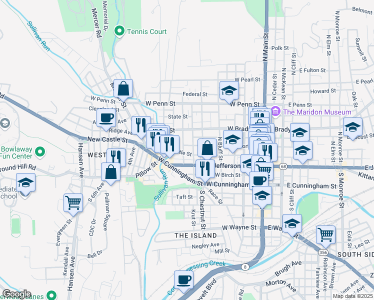 map of restaurants, bars, coffee shops, grocery stores, and more near 109 Broad Street in Butler