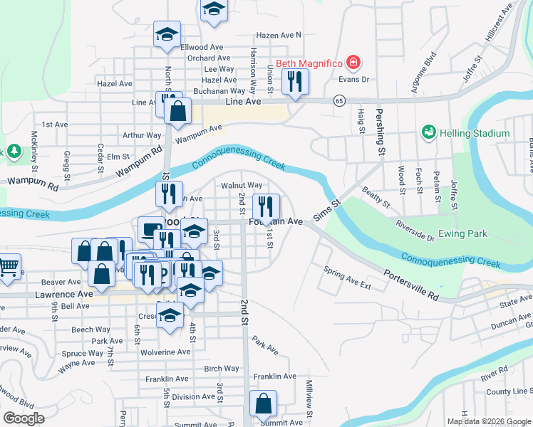 map of restaurants, bars, coffee shops, grocery stores, and more near 115 Fountain Avenue in Ellwood City
