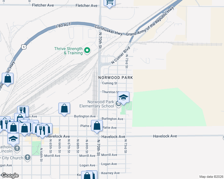map of restaurants, bars, coffee shops, grocery stores, and more near 7143 Thurston Street in Lincoln