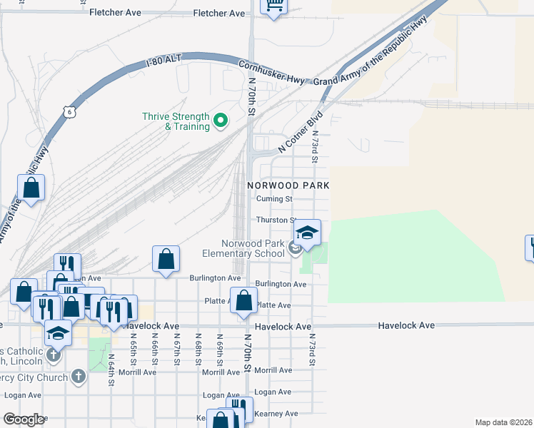map of restaurants, bars, coffee shops, grocery stores, and more near 7025 Thurston Street in Lincoln