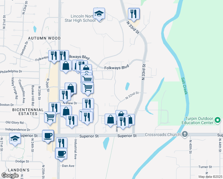 map of restaurants, bars, coffee shops, grocery stores, and more near 5013 North 32nd Street in Lincoln