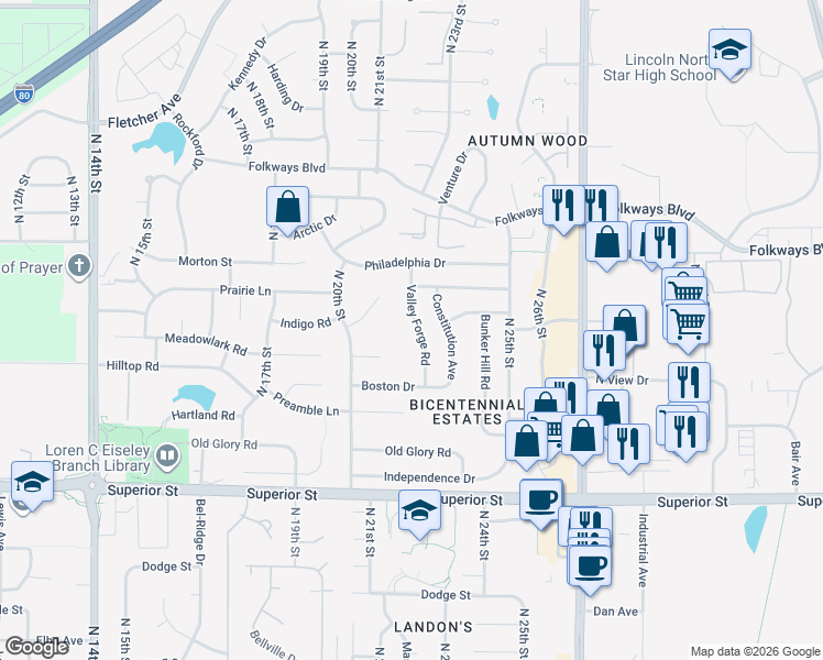 map of restaurants, bars, coffee shops, grocery stores, and more near 5025 Valley Forge Road in Lincoln