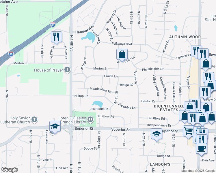 map of restaurants, bars, coffee shops, grocery stores, and more near 1555 Meadowlark Road in Lincoln