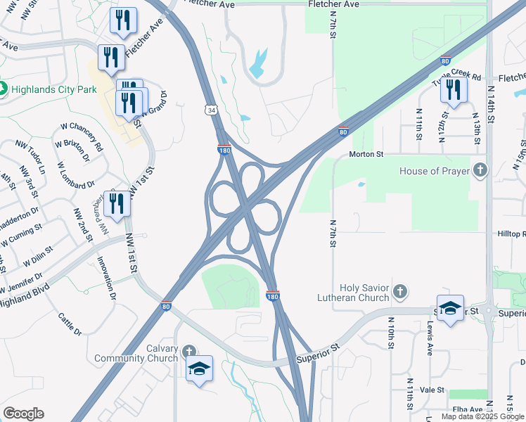 map of restaurants, bars, coffee shops, grocery stores, and more near U.S. 34 in Lincoln