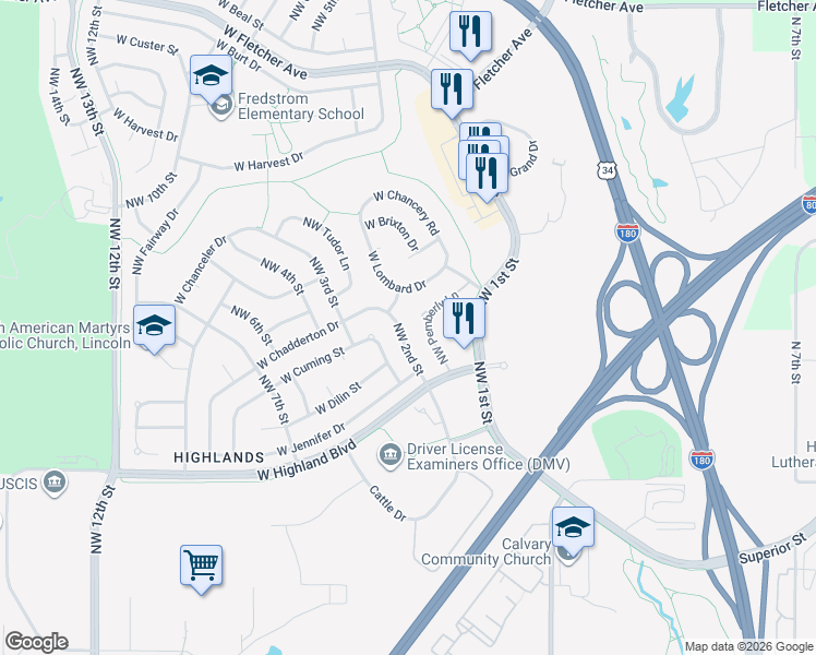 map of restaurants, bars, coffee shops, grocery stores, and more near 5000 Northwest 2nd Street in Lincoln