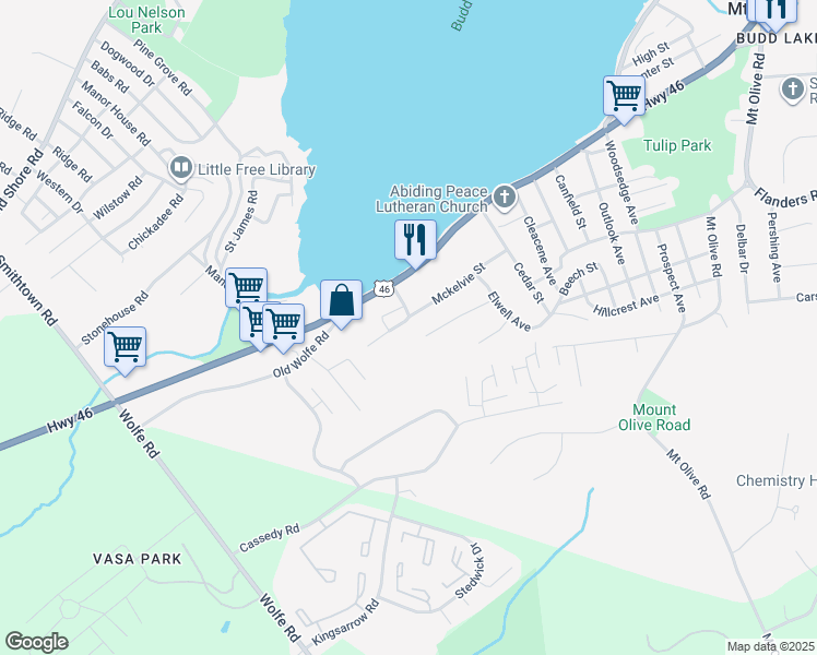 map of restaurants, bars, coffee shops, grocery stores, and more near 4 Wildwood Avenue in Mount Olive