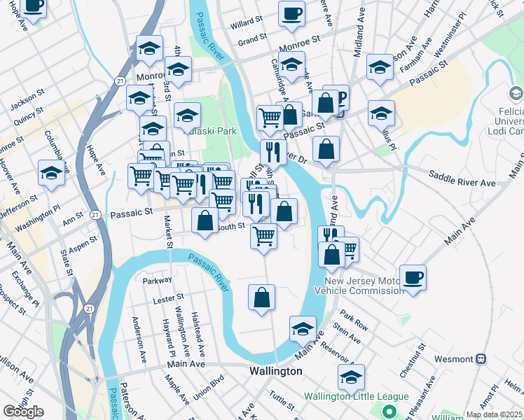 map of restaurants, bars, coffee shops, grocery stores, and more near 163 8th Street in Passaic