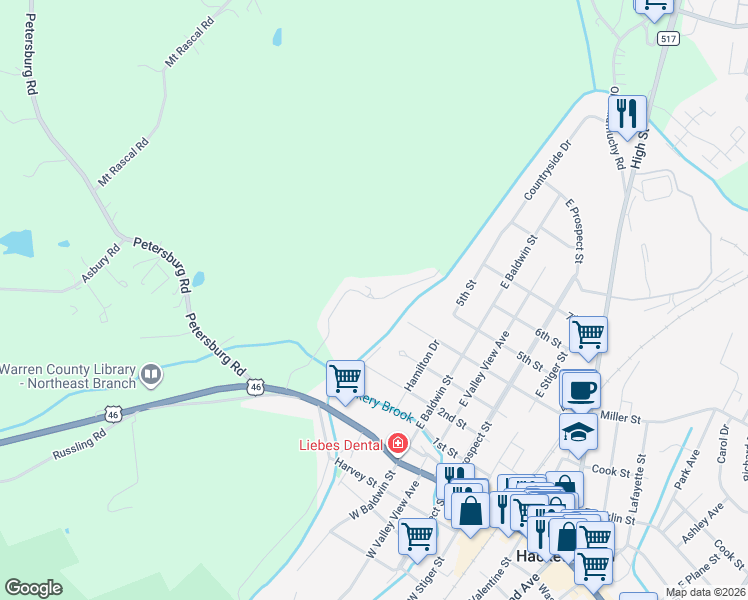 map of restaurants, bars, coffee shops, grocery stores, and more near 91 Overlook Drive in Hackettstown