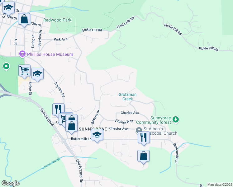map of restaurants, bars, coffee shops, grocery stores, and more near 1502 Beverly Drive in Arcata