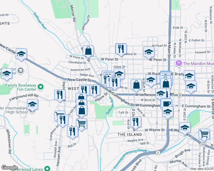 map of restaurants, bars, coffee shops, grocery stores, and more near 104 2nd Avenue in Butler