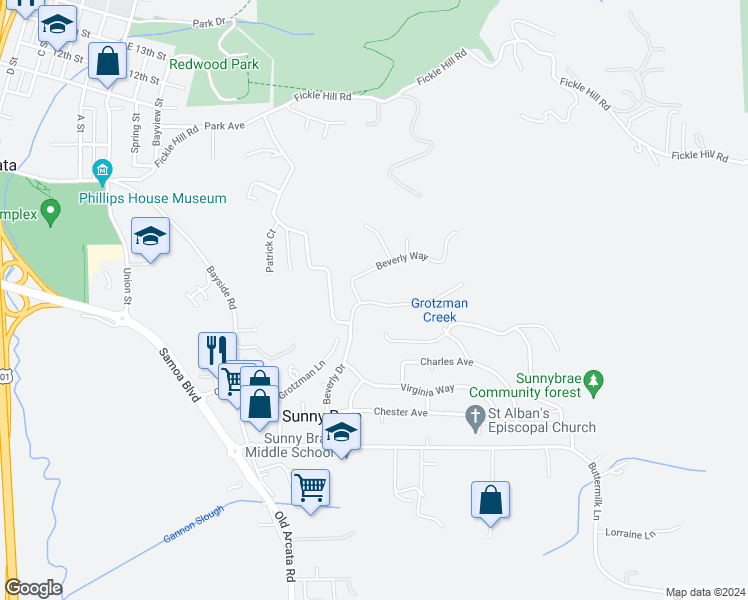 map of restaurants, bars, coffee shops, grocery stores, and more near 1384 Beverly Drive in Arcata