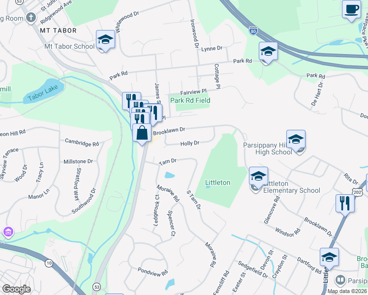 map of restaurants, bars, coffee shops, grocery stores, and more near 21 Holly Drive in Morris Plains