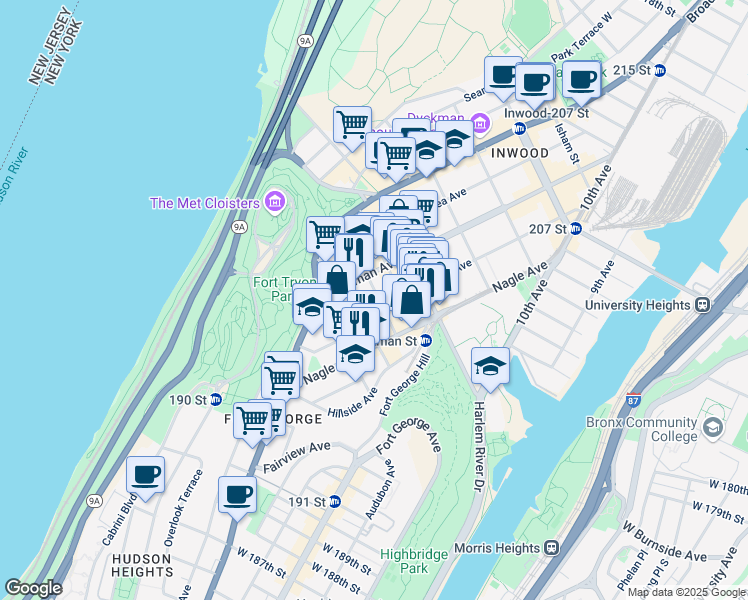 map of restaurants, bars, coffee shops, grocery stores, and more near 36 Arden Street in New York