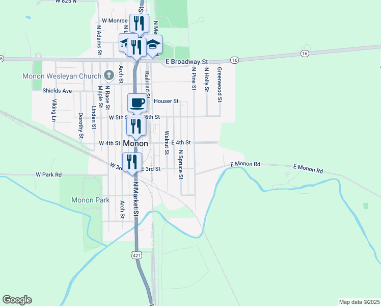 map of restaurants, bars, coffee shops, grocery stores, and more near 301-399 N Pine St in Monon