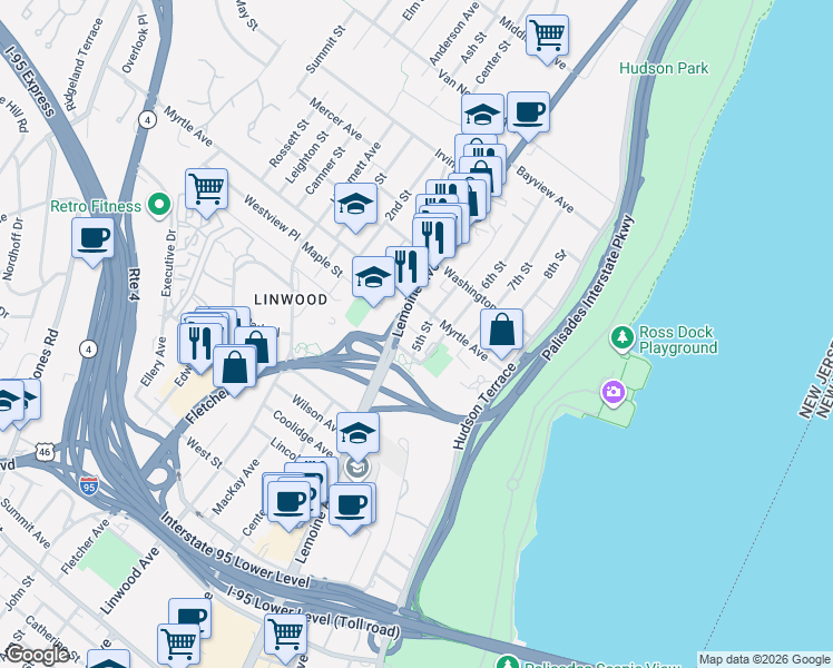 map of restaurants, bars, coffee shops, grocery stores, and more near 2325 5th Street in Fort Lee