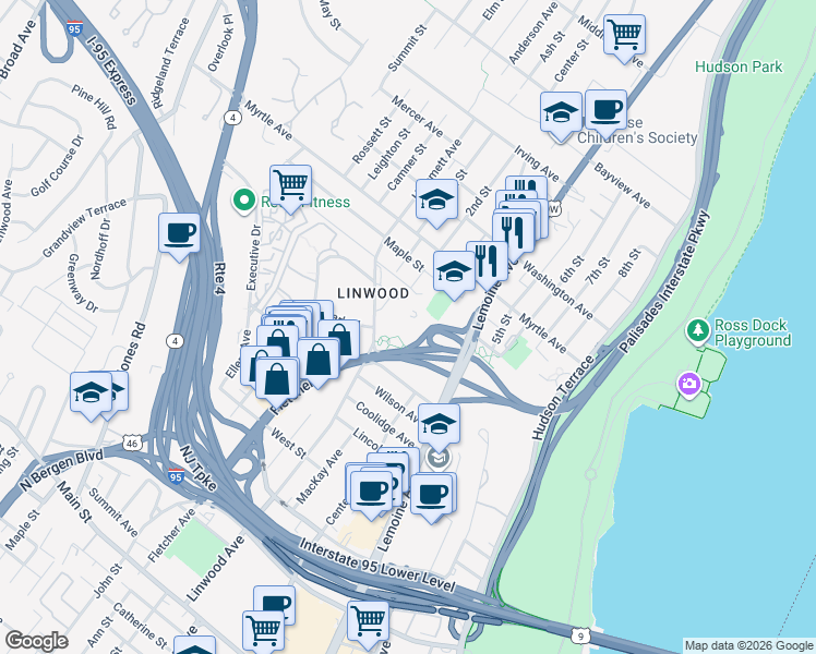 map of restaurants, bars, coffee shops, grocery stores, and more near 2348 Linwood Avenue in Fort Lee