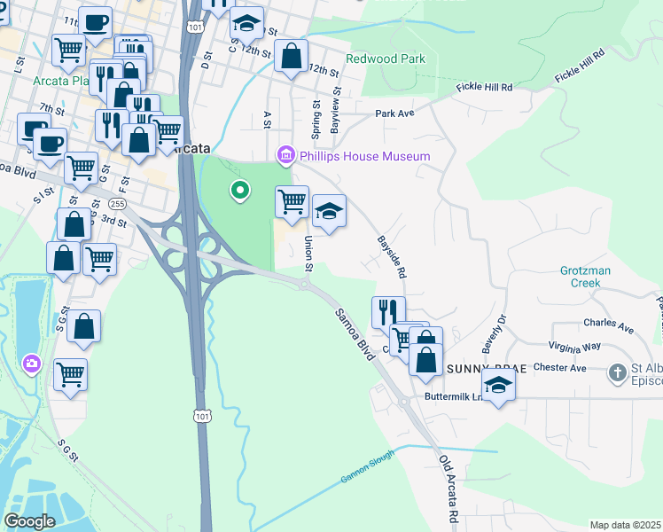 map of restaurants, bars, coffee shops, grocery stores, and more near 300 Union Street in Arcata