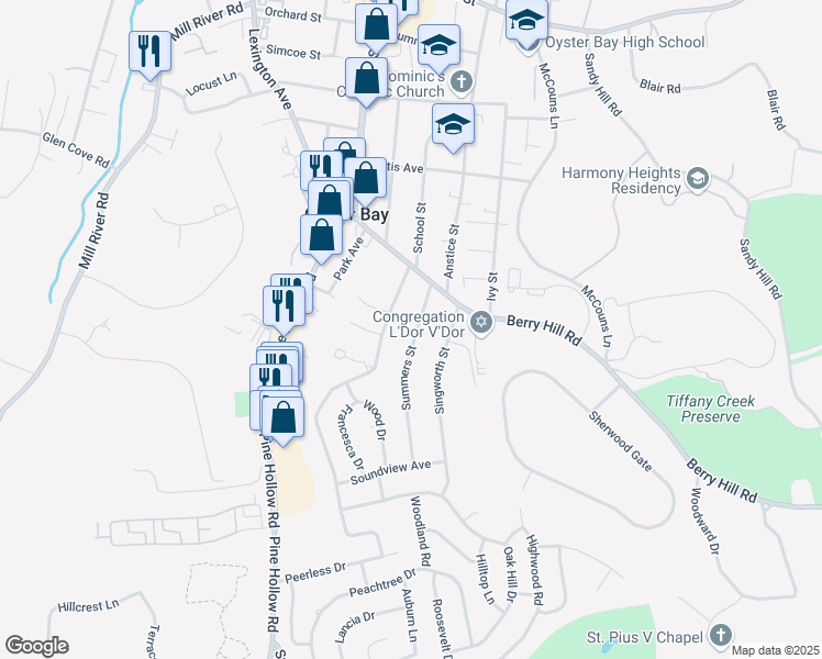 map of restaurants, bars, coffee shops, grocery stores, and more near 52 Summers Street in Oyster Bay