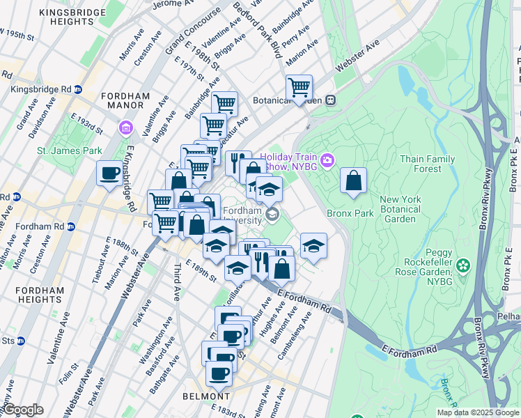 map of restaurants, bars, coffee shops, grocery stores, and more near in The Bronx