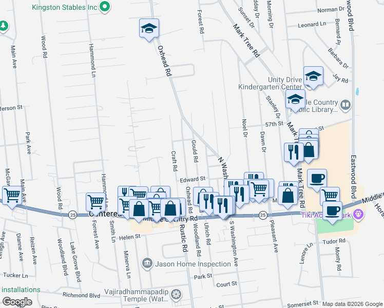 map of restaurants, bars, coffee shops, grocery stores, and more near 45 Gould Road in Centereach