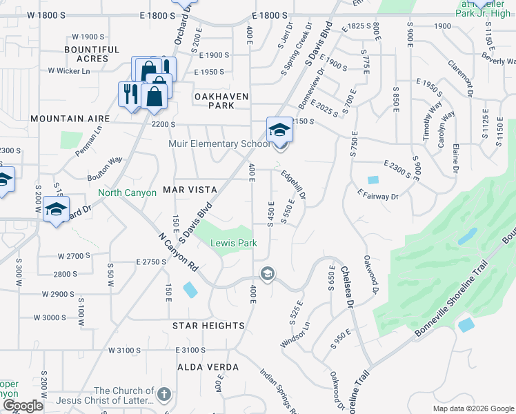 map of restaurants, bars, coffee shops, grocery stores, and more near 2586 South 450 East in Bountiful