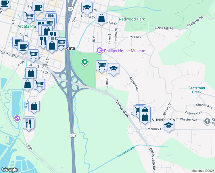 map of restaurants, bars, coffee shops, grocery stores, and more near 122 Samoa Boulevard in Arcata