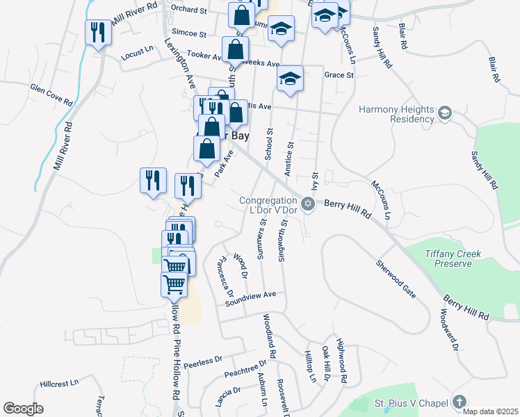 map of restaurants, bars, coffee shops, grocery stores, and more near 74 Summers Street in Oyster Bay
