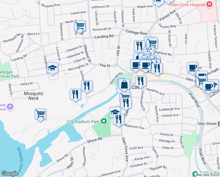 map of restaurants, bars, coffee shops, grocery stores, and more near 63 Herb Hill Road in Glen Cove