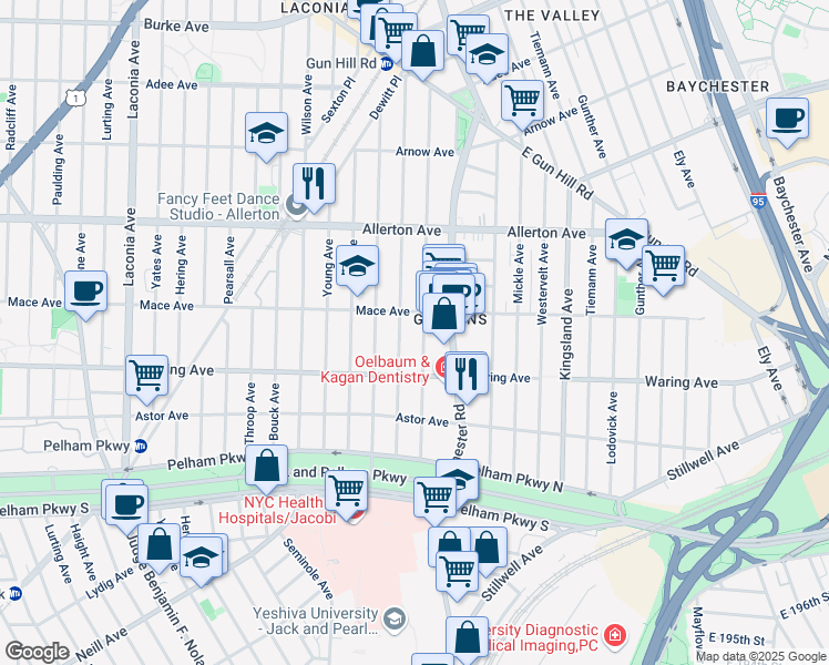 map of restaurants, bars, coffee shops, grocery stores, and more near 2414 Morgan Avenue in Bronx