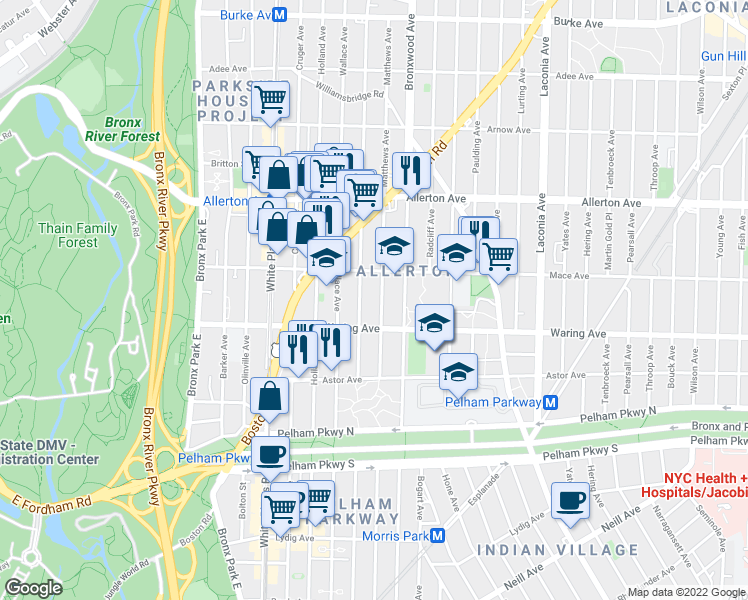 map of restaurants, bars, coffee shops, grocery stores, and more near 817 Waring Avenue in Bronx