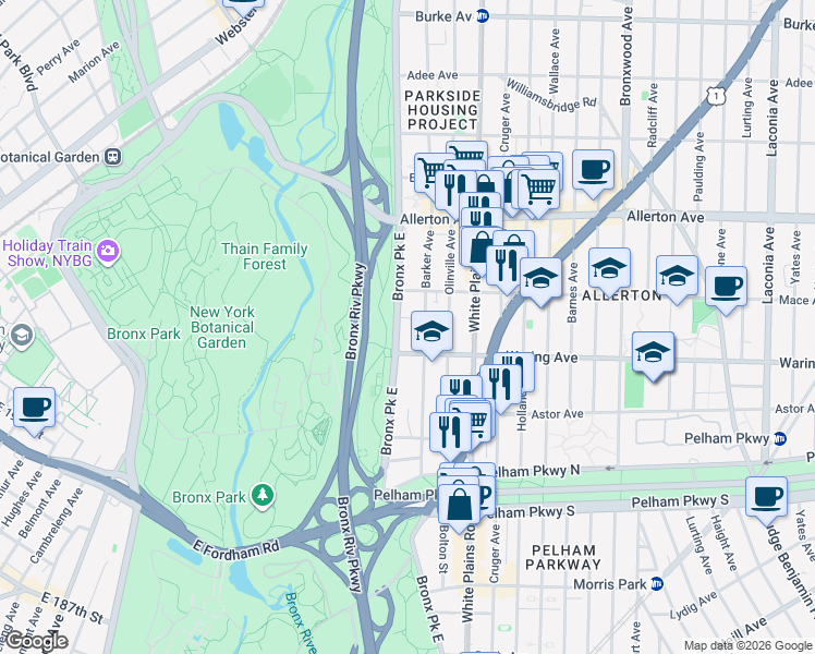 map of restaurants, bars, coffee shops, grocery stores, and more near in The Bronx