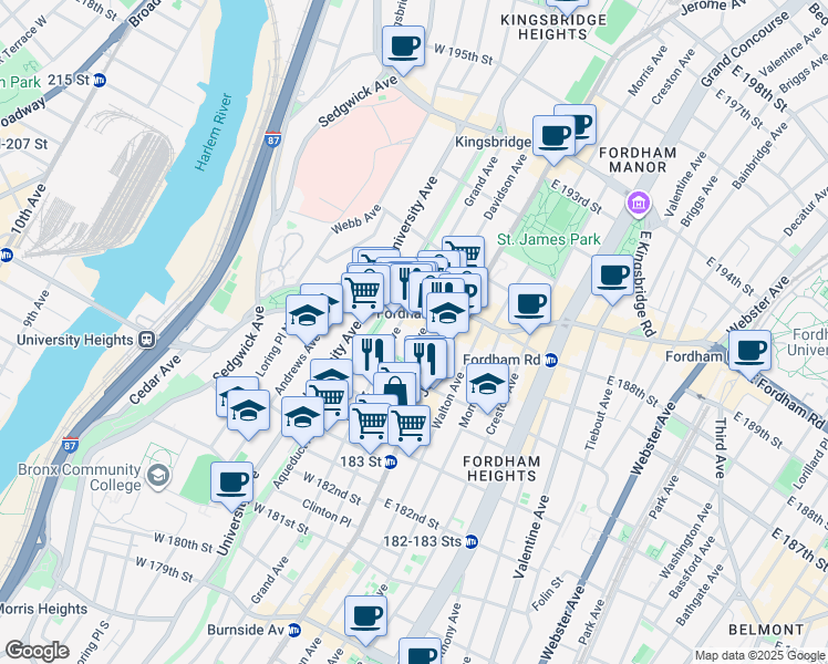 map of restaurants, bars, coffee shops, grocery stores, and more near 2391 Davidson Avenue in Bronx