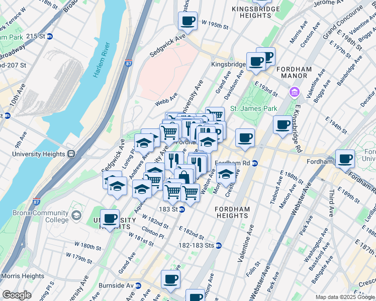 map of restaurants, bars, coffee shops, grocery stores, and more near 2391 Davidson Avenue in Bronx
