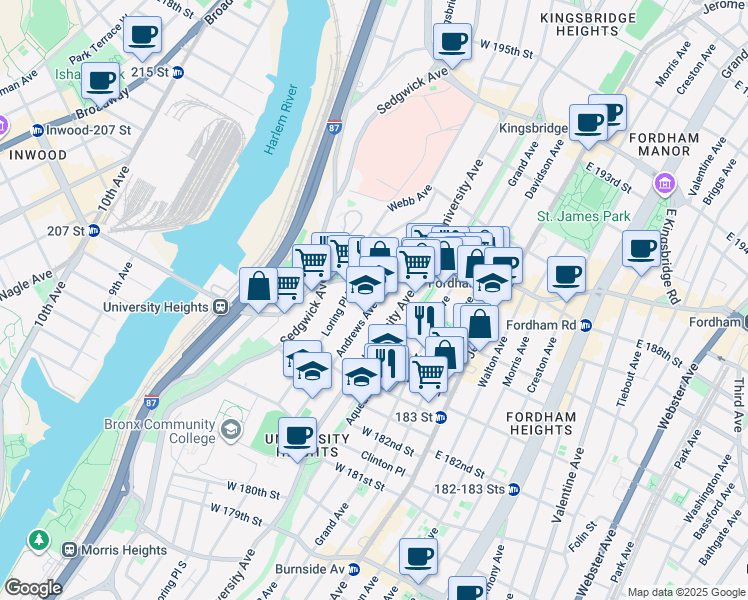 map of restaurants, bars, coffee shops, grocery stores, and more near 2315 University Avenue in The Bronx