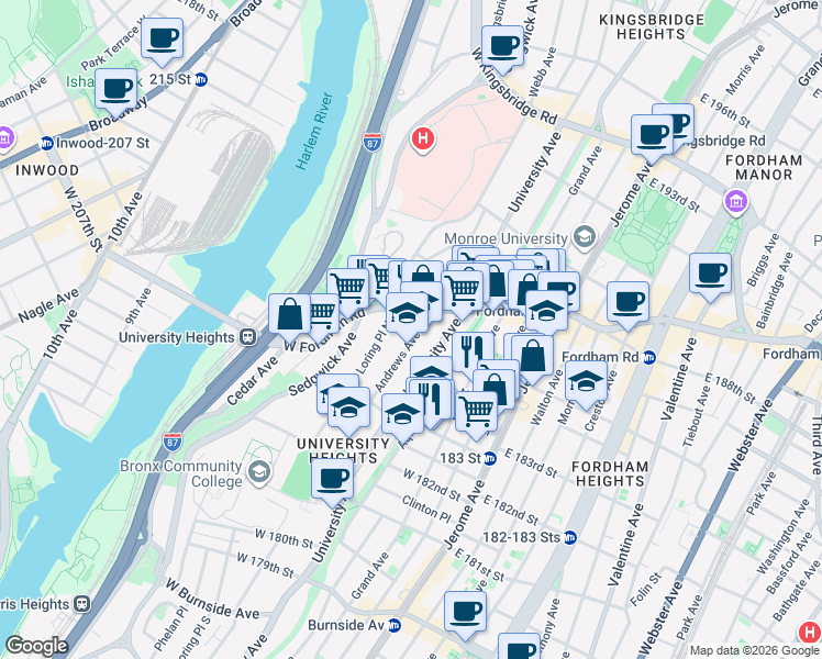 map of restaurants, bars, coffee shops, grocery stores, and more near 2315 University Avenue in The Bronx