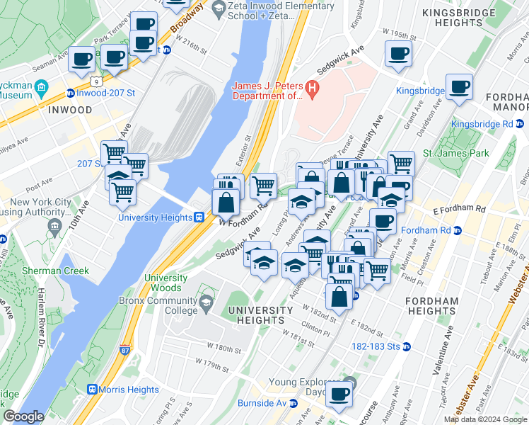 map of restaurants, bars, coffee shops, grocery stores, and more near 2276 Sedgwick Avenue in The Bronx