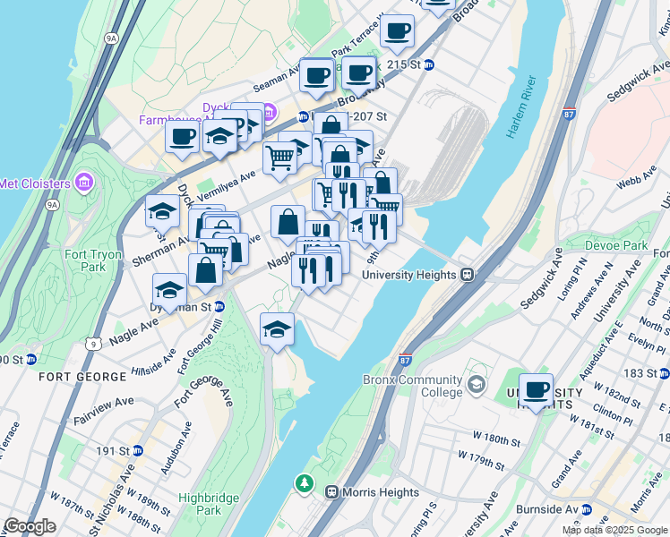 map of restaurants, bars, coffee shops, grocery stores, and more near 432 West 203rd Street in New York