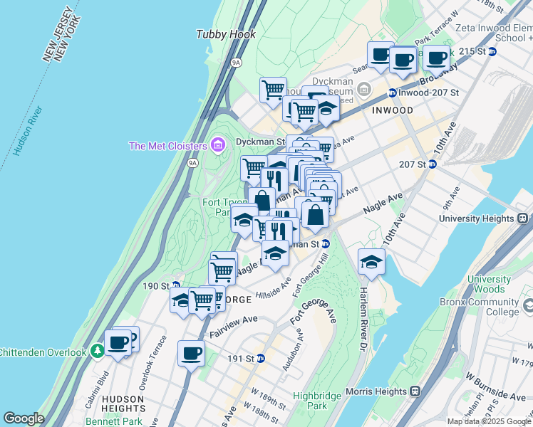 map of restaurants, bars, coffee shops, grocery stores, and more near 87 Ellwood Street in New York