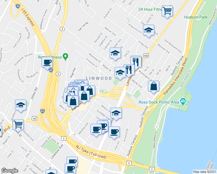 map of restaurants, bars, coffee shops, grocery stores, and more near 2348 Linwood Avenue in Fort Lee