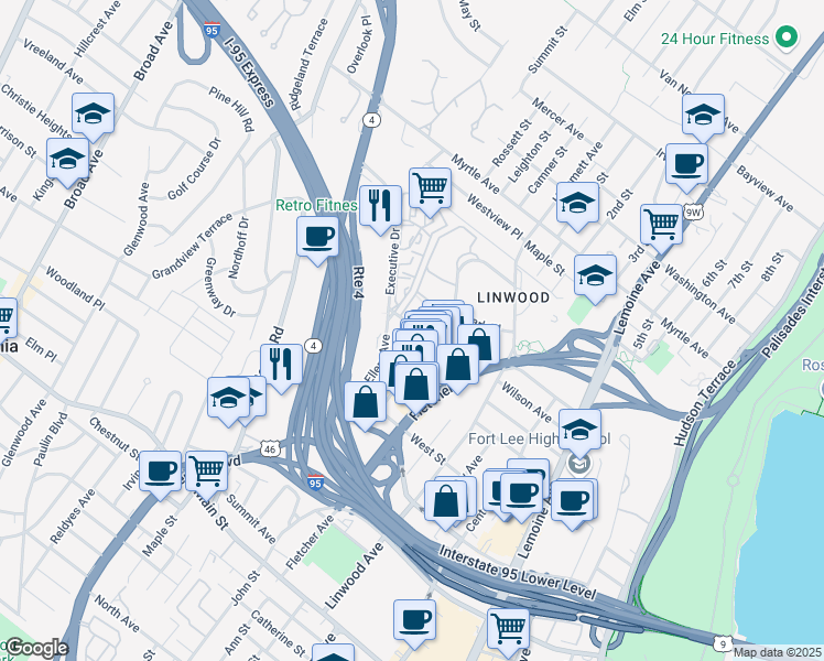 map of restaurants, bars, coffee shops, grocery stores, and more near 3020 Edwin Avenue in Fort Lee